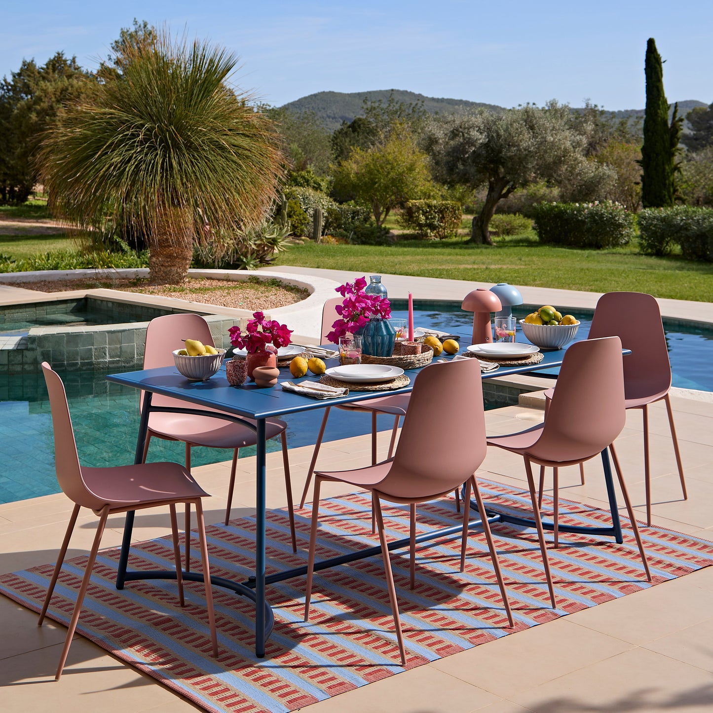 Wilder 6 Seater Blue Dining Table Set with Wren Pink Chairs