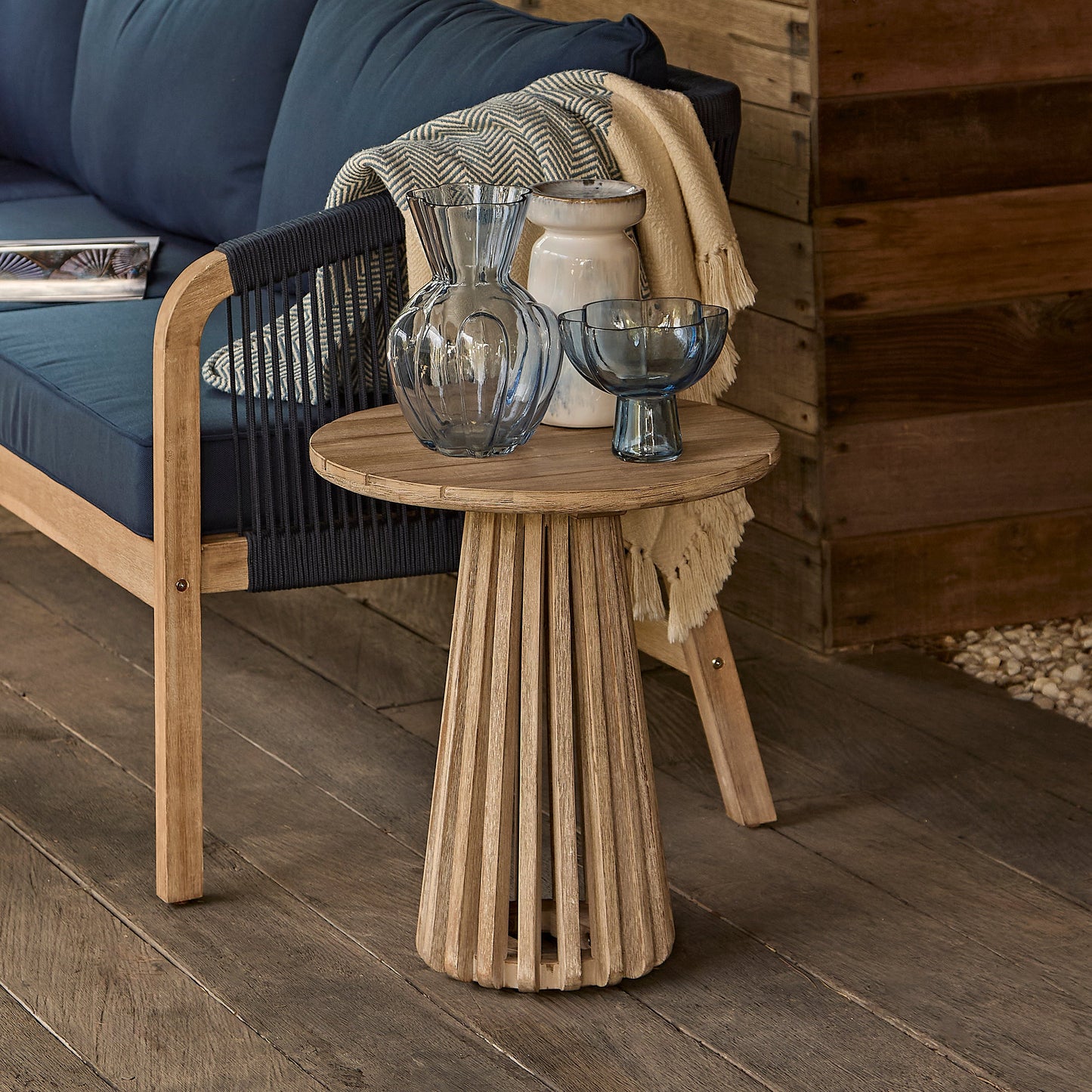 Willow Round Wooden Garden Side Table - Brushed Light Acacia