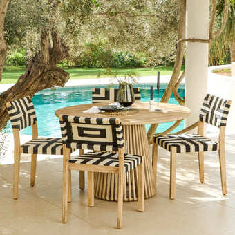 compare product Willow 4 Seater Wooden Brushed Light Acacia Round Dining Set with Saffron Black and Beige Chairs