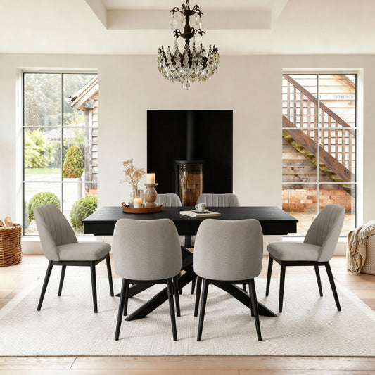 Amelia Black Extending Dining Table Set - 6 Seater - Chloe Soft Beige Dining Chairs - Black Oak Legs