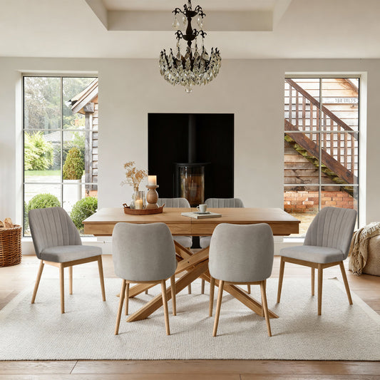 Amelia Whitewash Oak Extending Dining Table Set - 6 Seater - Chloe Soft Beige Dining Chairs - Whitewash Oak Legs