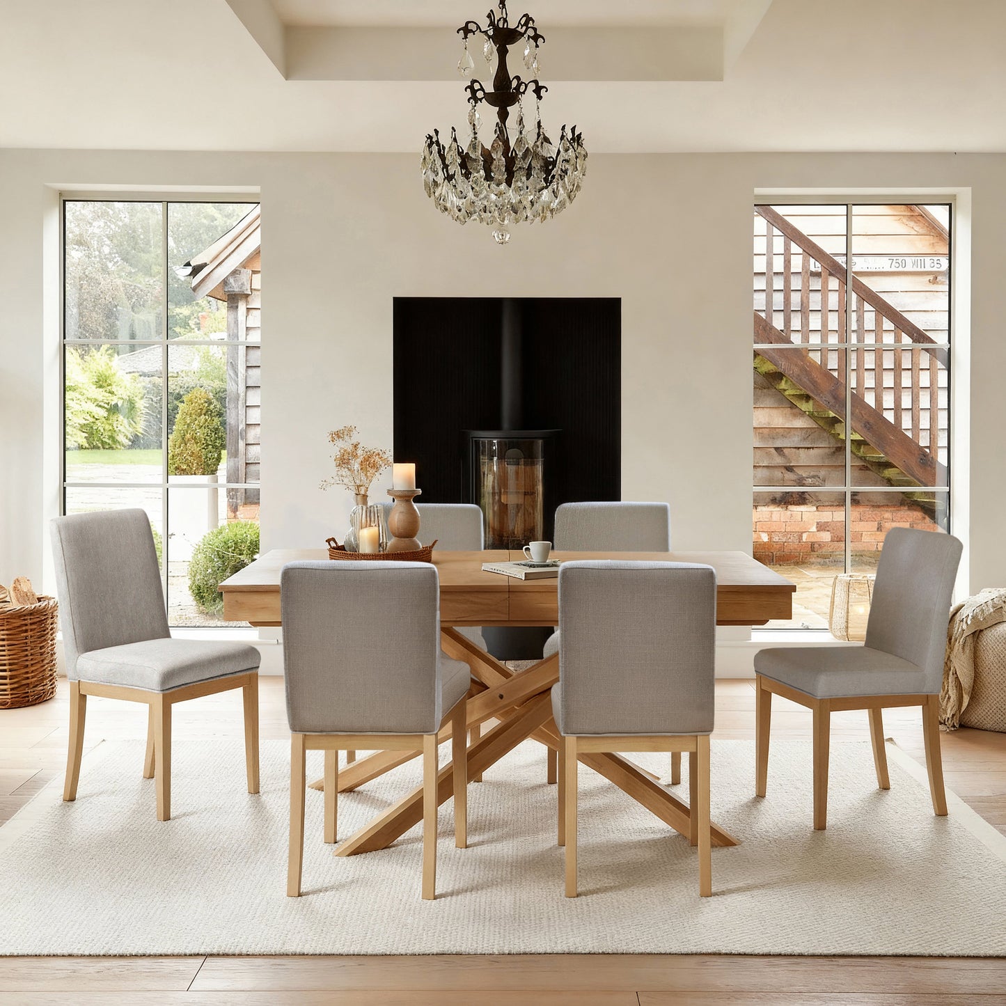 Amelia Whitewash Extending Dining Table Set - 6 Seater - Nolan Fawn Linen Dining Chairs - Whitewash Oak Legs