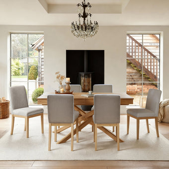 compare product Amelia Whitewash Extending Dining Table Set - 6 Seater - Nolan Fawn Linen Dining Chairs - Whitewash Oak Legs