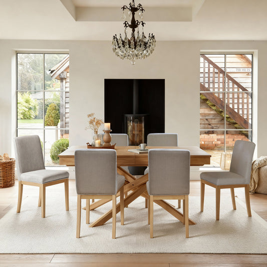 Amelia Whitewash Extending Dining Table Set - 6 Seater - Nolan Fawn Linen Dining Chairs - Whitewash Oak Legs