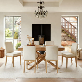 compare product Amelia Whitewash Extending Dining Table Set - 6 Seater - Nolan Boucle Dining Chairs - Whitewash Oak Legs