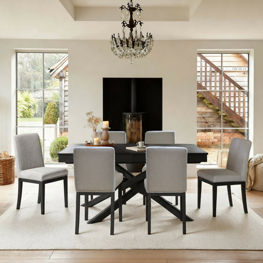 Amelia Black Extending Dining Table Set - 6 Seater - Nolan Fawn Linen Dining Chairs - Black Legs