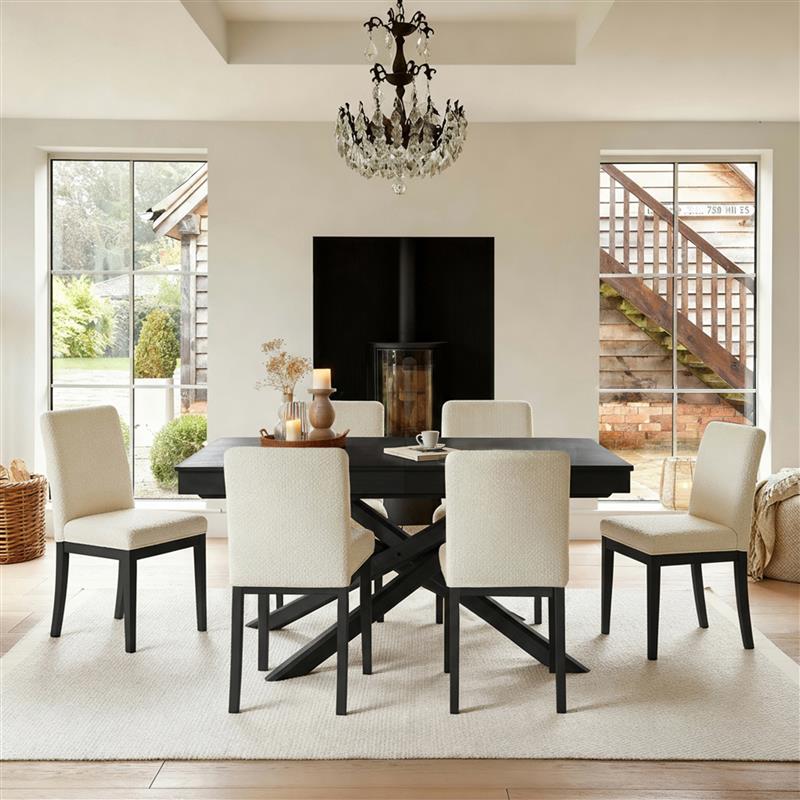 Amelia Black Extending Dining Table Set - 6 Seater - Nolan Boucle Dining Chairs - Black Oak Legs