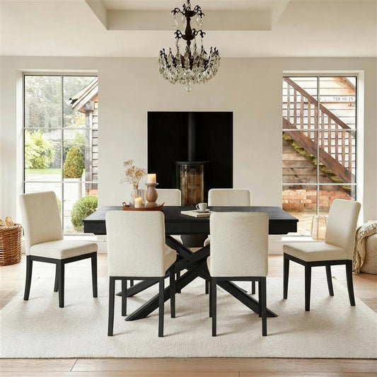 Amelia Black Extending Dining Table Set - 6 Seater - Nolan Boucle Dining Chairs - Black Oak Legs