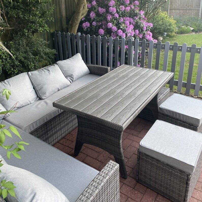 Outlet - Aston 9 Seater Rattan Garden Corner Sofa Set with Grey Lean Over Parasol - Polywood Top - Grey