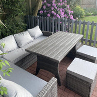 Outlet - Aston 9 Seater Rattan Garden Corner Sofa Set with Grey Lean Over Parasol - Polywood Top - Grey