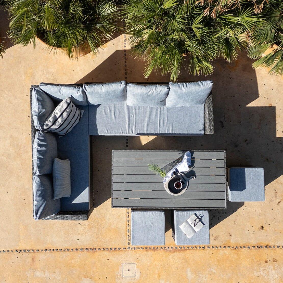 Outlet - Aston 9 Seater Rattan Garden Corner Sofa Set with Grey Lean Over Parasol - Polywood Top - Grey