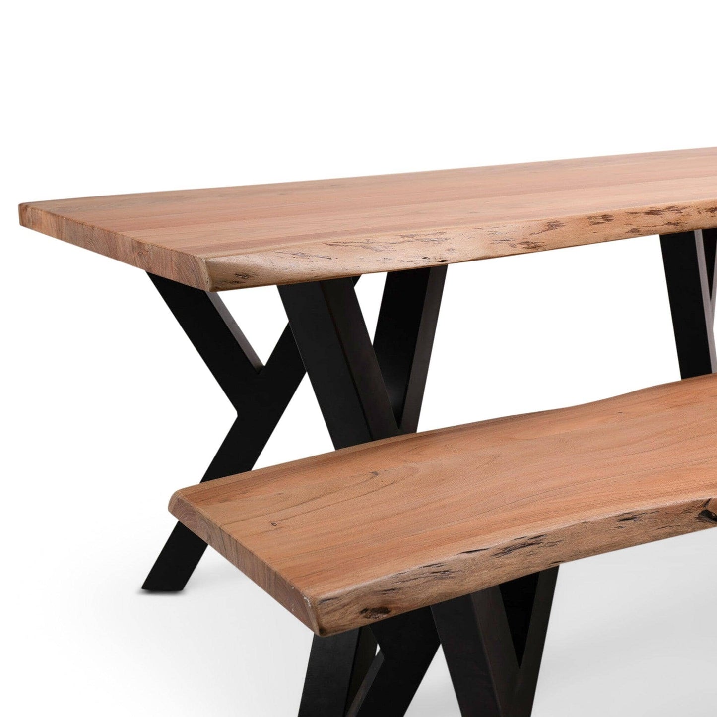 Bosco Acacia Wood Dining Table Set - 6 Seater - Bosco Dining Benches - Black Legs