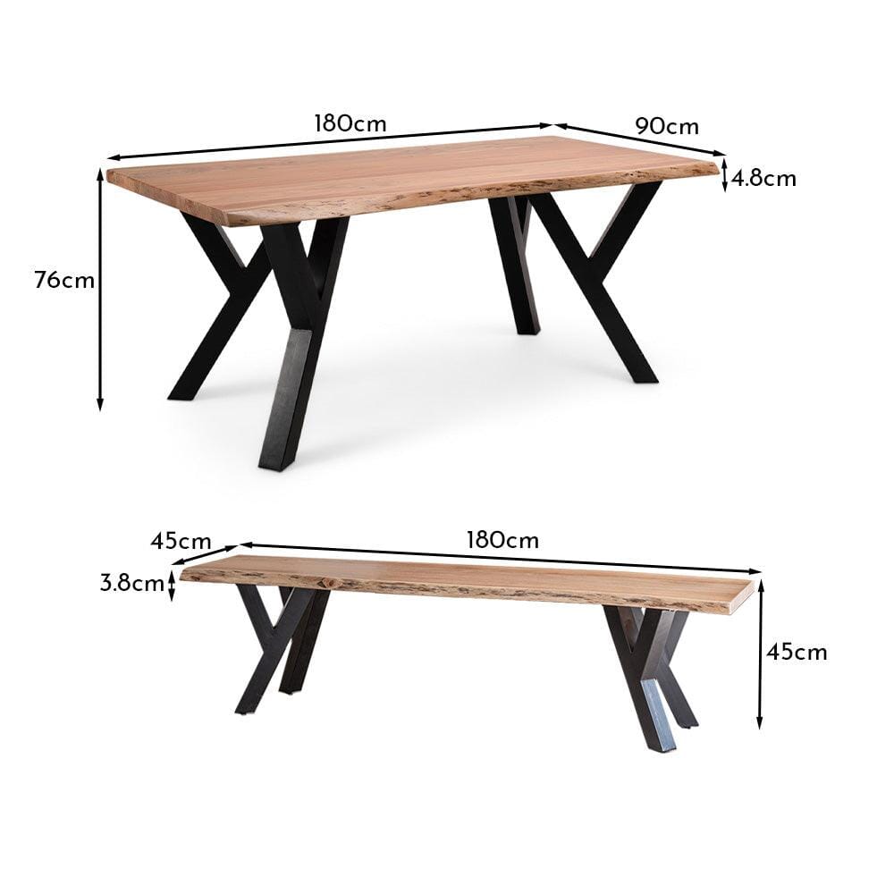 Bosco Acacia Wood Dining Table Set - 6 Seater - Bosco Dining Benches - Black Legs