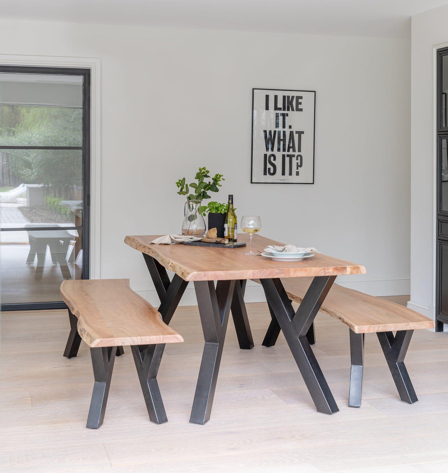 Bosco Acacia Wood Dining Table Set - 6 Seater - Bosco Dining Benches - Black Legs