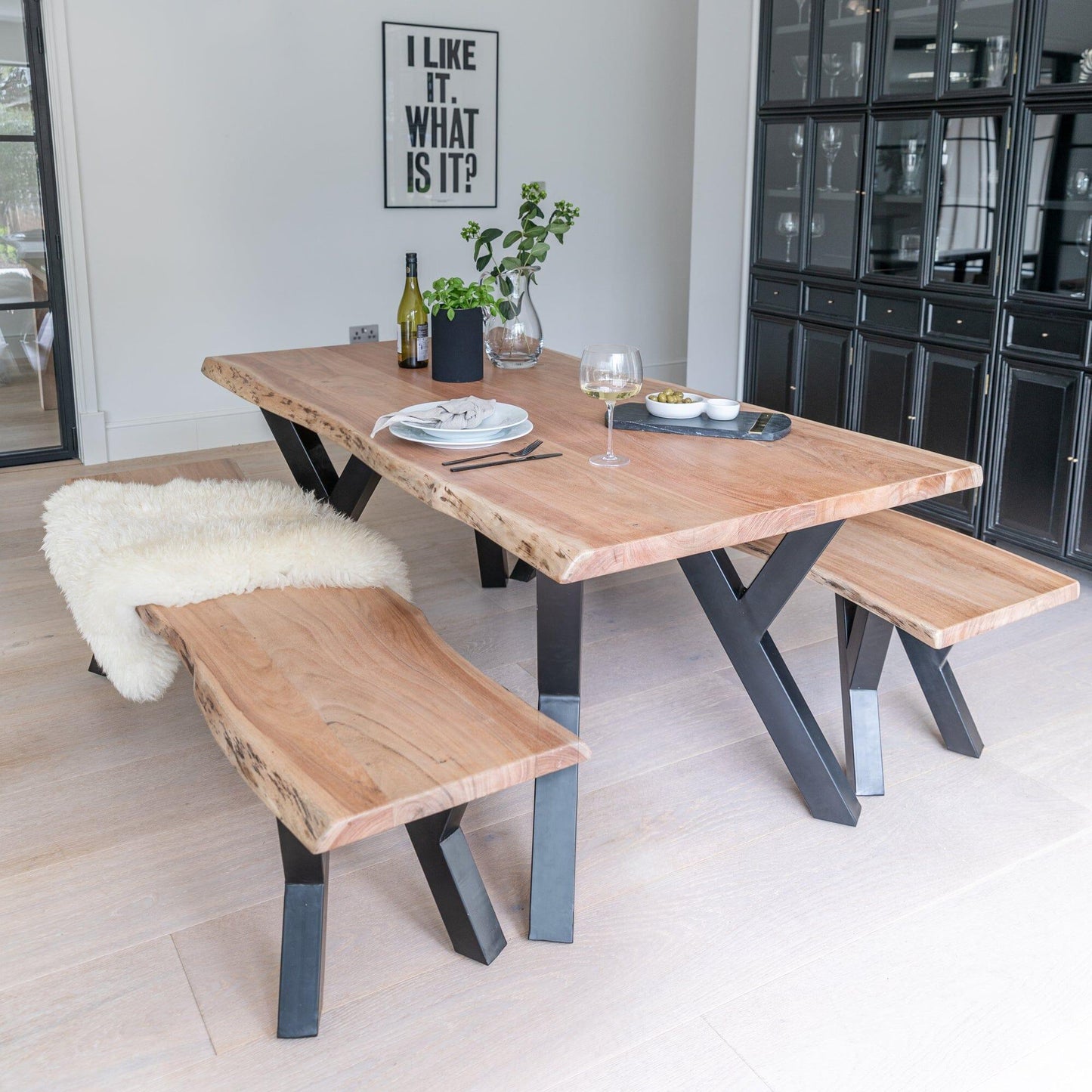 Bosco Acacia Wood Dining Table Set - 6 Seater - Bosco Dining Benches - Black Legs