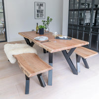 Bosco Acacia Wood Dining Table Set - 6 Seater - Bosco Dining Benches - Black Legs