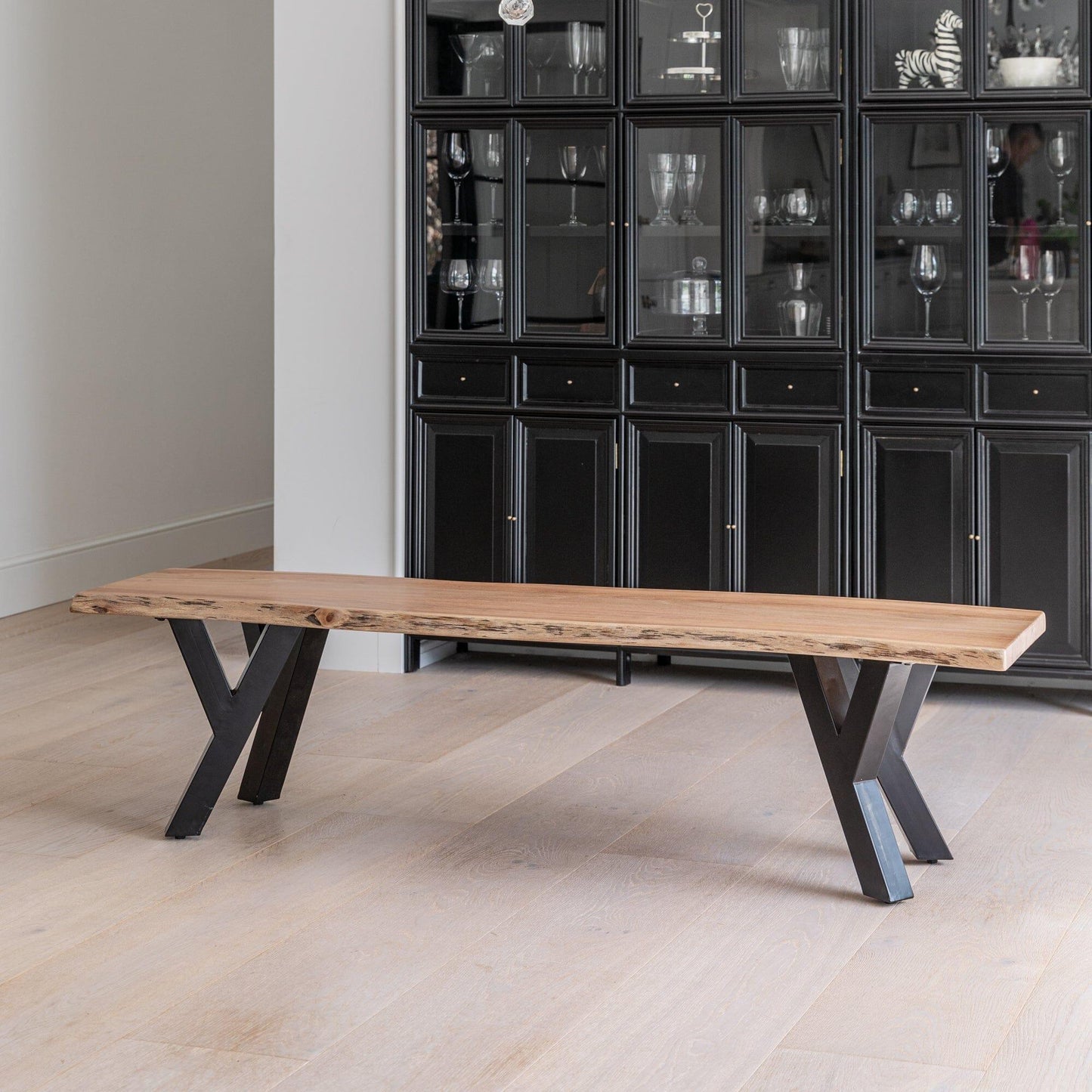 Bosco Acacia Wood Dining Table Set - 6 Seater - Bosco Dining Benches - Black Legs