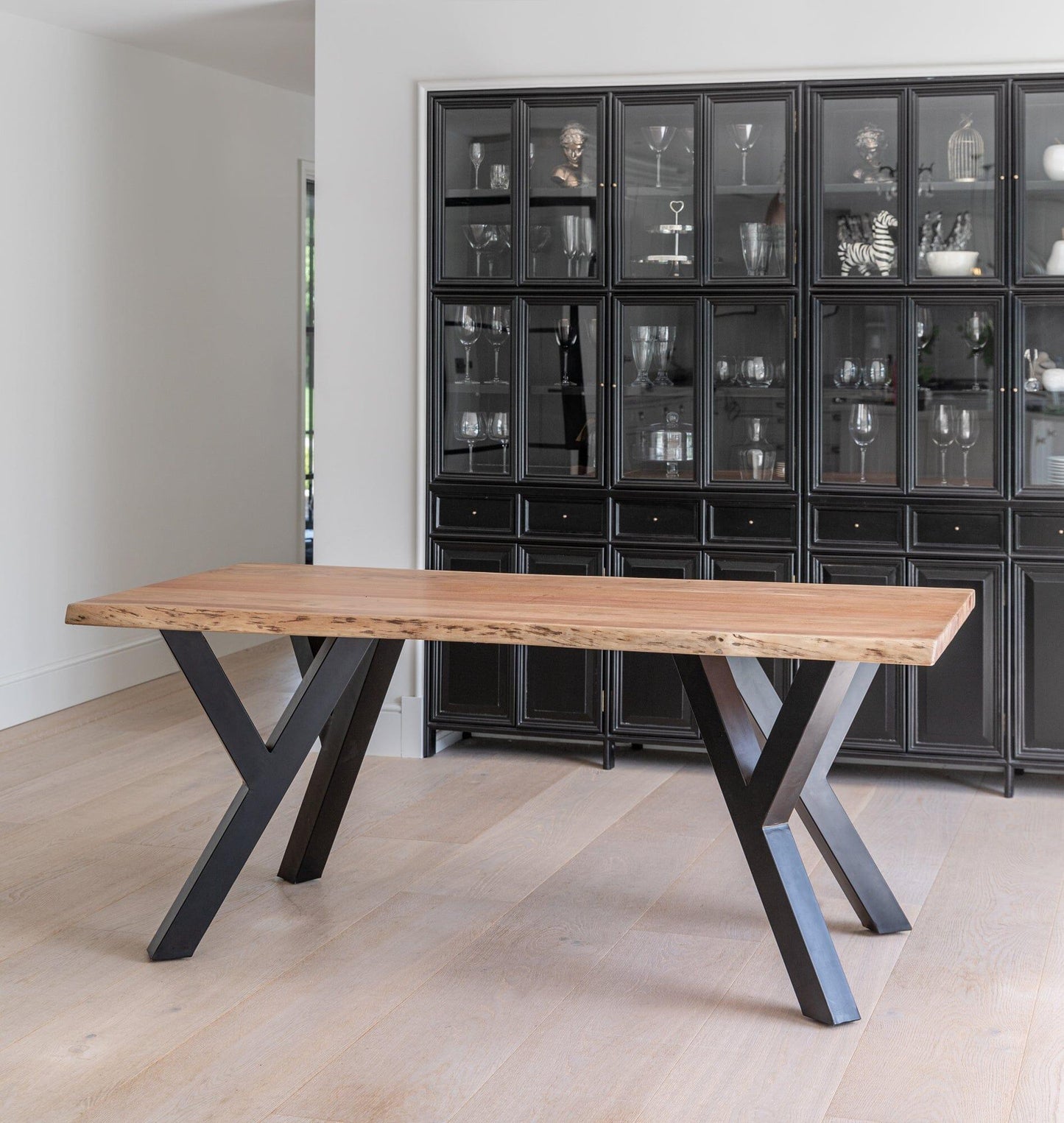 Bosco Acacia Wood Dining Table Set - 6 Seater - Bosco Dining Benches - Black Legs