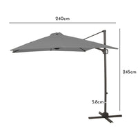 Premium LED Cantilever Parasol 2.4m Square - Grey with 80kg Quartered Parasol Base - Black Plastic