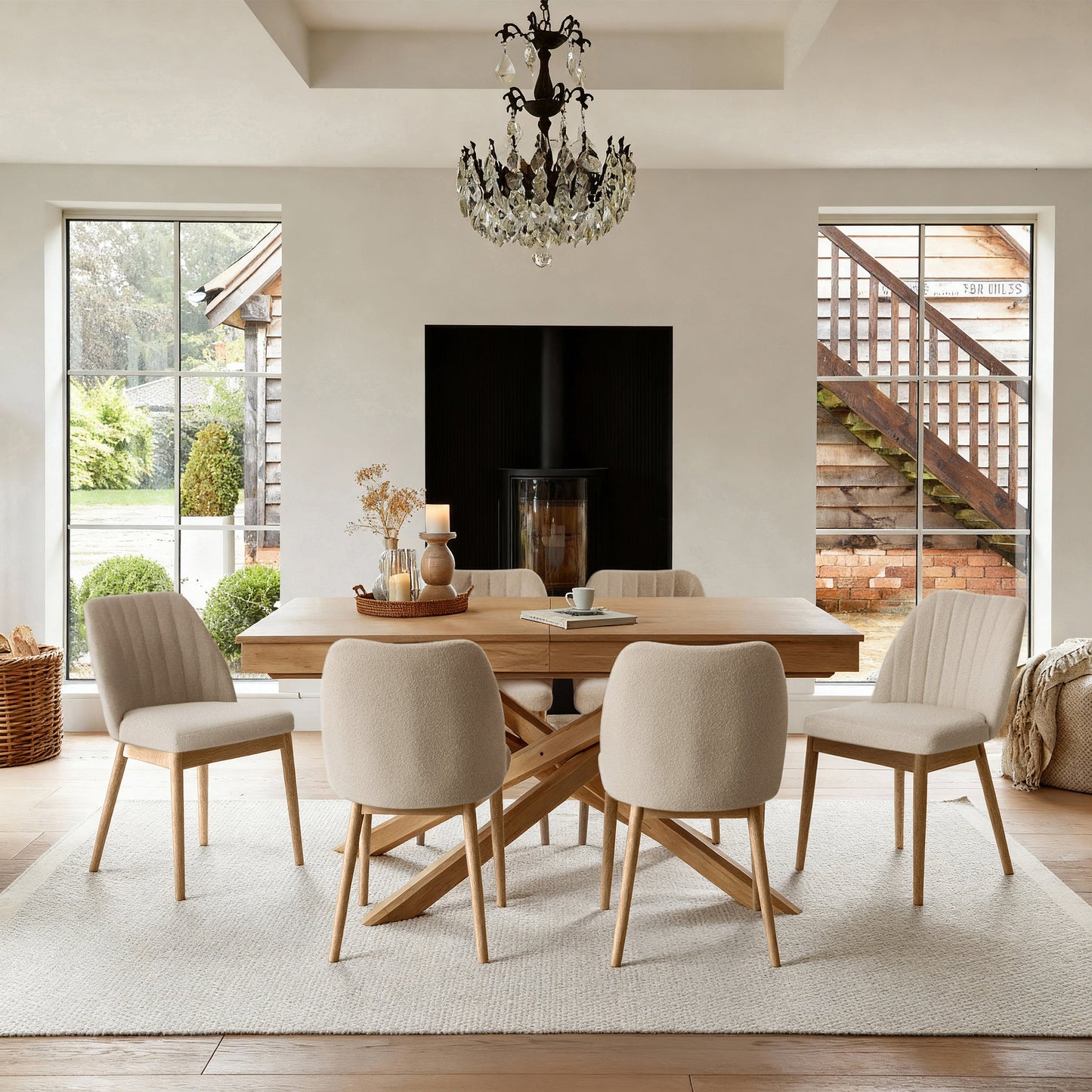 Amelia Whitewash Oak Extending Dining Table Set - 6 Seater - Chloe Light Beige Boucle Dining Chairs - Whitewash Oak Legs