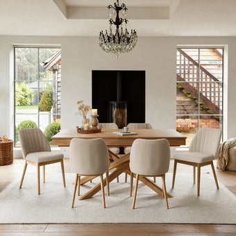 compare product Amelia Whitewash Oak Extending Dining Table Set - 6 Seater - Chloe Light Beige Boucle Dining Chairs - Whitewash Oak Legs