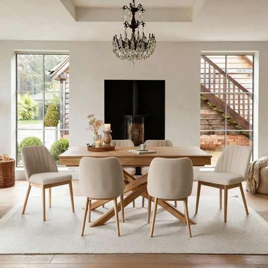 Amelia Whitewash Oak Extending Dining Table Set - 6 Seater - Chloe Light Beige Boucle Dining Chairs - Whitewash Oak Legs
