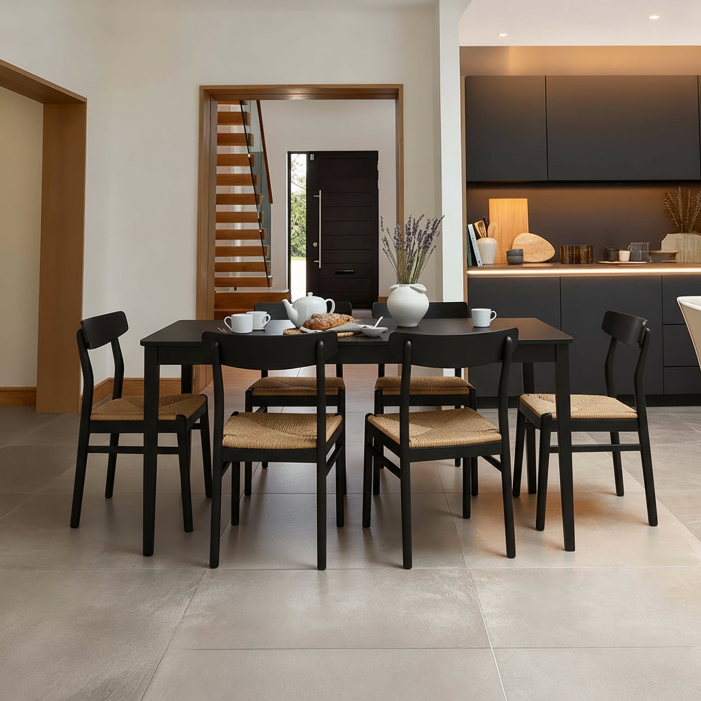 Paul Black Extending Dining Table Set - 6 Seater - Faye Black Oak Dining Chairs