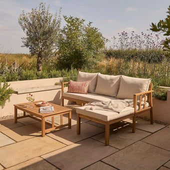 compare product Harrelson 3 Seater Wooden Garden Chaise Corner Set - Natural Acacia and Sand
