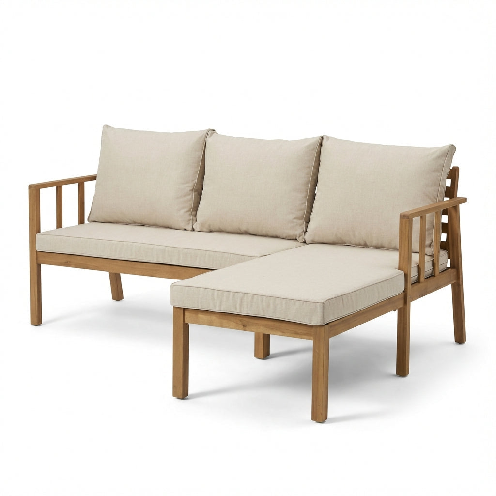 Harrelson 3 Seater Wooden Garden Chaise Corner Set - Natural Acacia and Sand