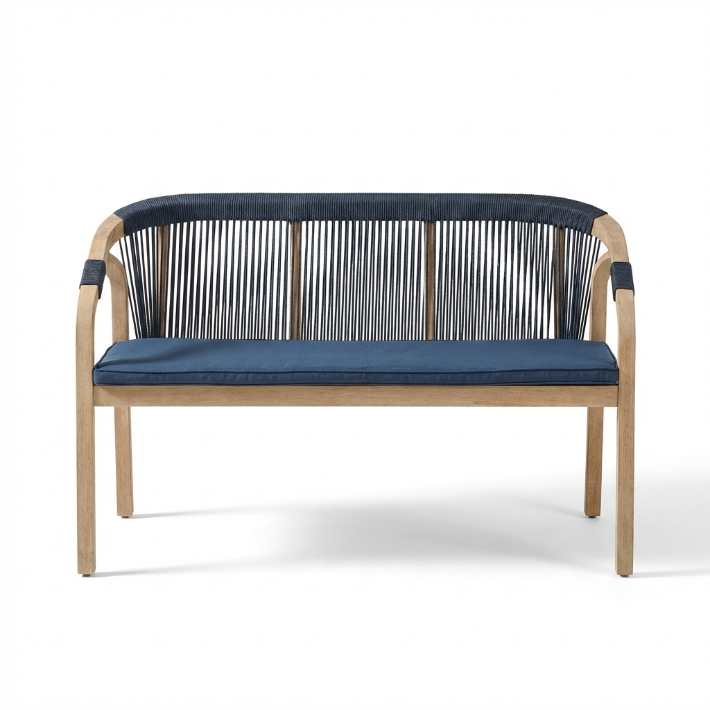 Shiro 6 Seater Wooden Garden Dining Set with Shiro Navy Rope Chairs & Bench - 180cm