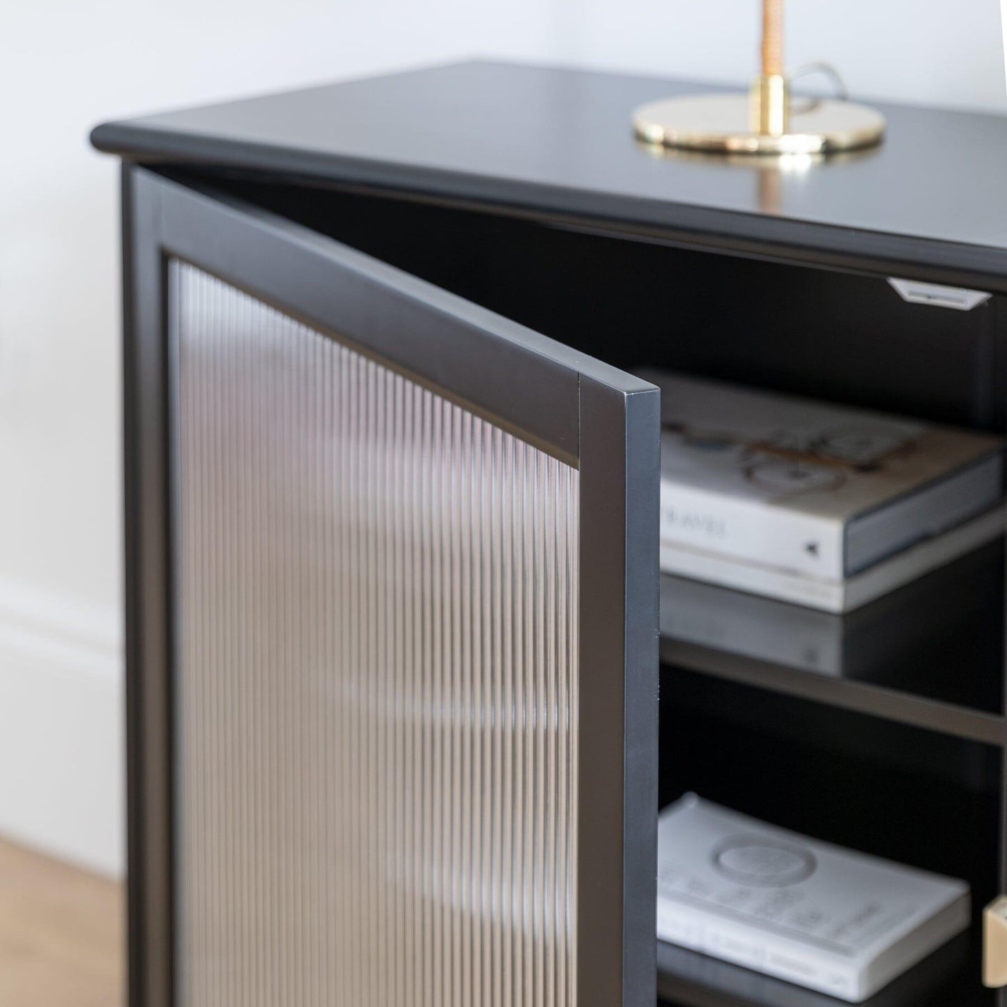 Outlet - Lua 2 Door Large Sideboard - Noir Black with Fluted Glass